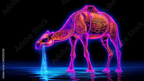 Camel animal drinking water Neon light AI Generated pictures
