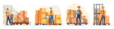 Warehouse workers set - flat color vector illustration - flat color vector illustration