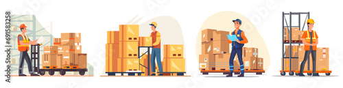 Warehouse workers set - flat color vector illustration - flat color vector illustration