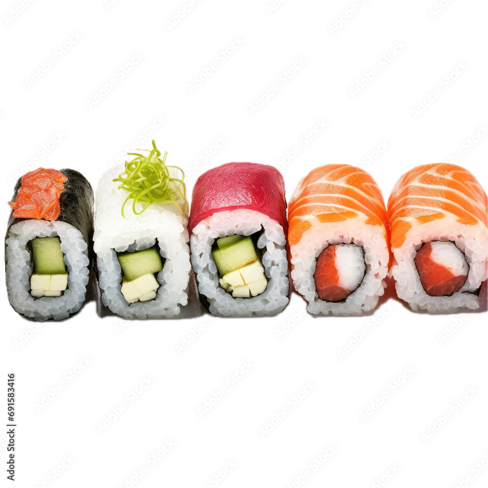 a row of Sushi in various styles, side view, salmon and seaweed wrap in a PNG, Japanese cuisine-themed, isolated, and transparent photorealistic illustration. Generative ai a row of Sushi in various styles, side view, salmon and seaweed wrap in a PNG, Japanese cuisine-themed, isolated, and transparent photorealistic illustration. Generative ai