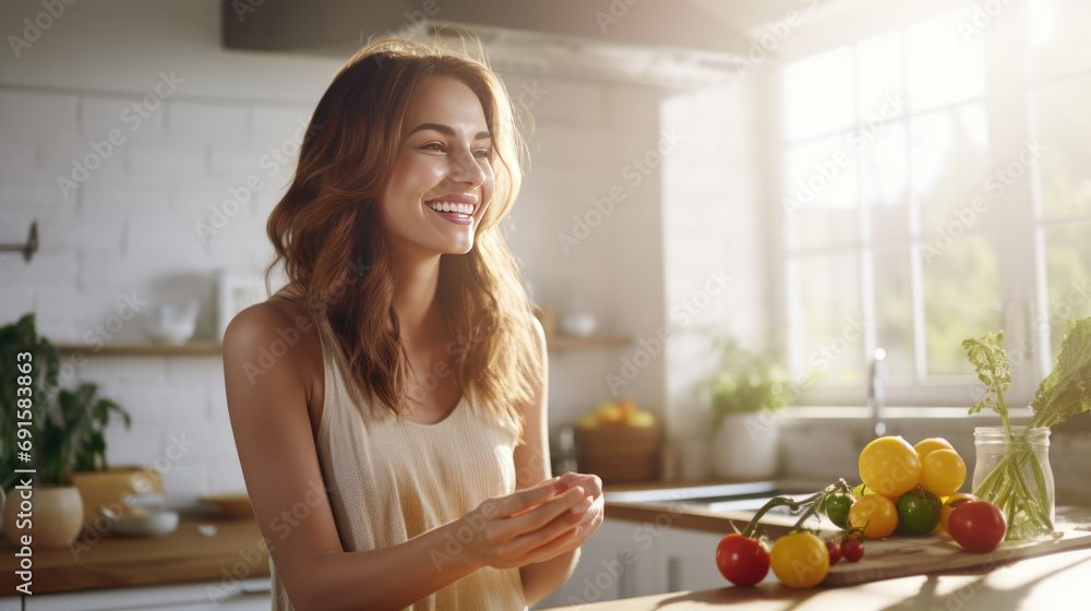 Smiling woman in a kitchen, leaning on a counter with fresh vegetables like tomatoes and lettuce, indicating a healthy cooking lifestyle.