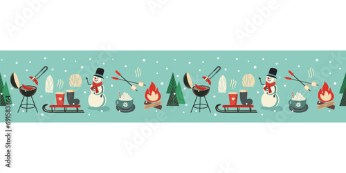 Winter Outdoors Leisure activity seamless vector pattern border. Roast marshmallow, Hot Cocoa, smores, chocolate cup cute cartoon illustration. Winter Nature Recreation, BBQ campfire picnic background