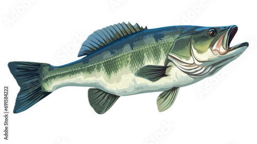 a Largemouth Bass  fish  side view  in a PNG  Fishing-themed  isolated  and transparent high-detail graphic illustration. Generative ai