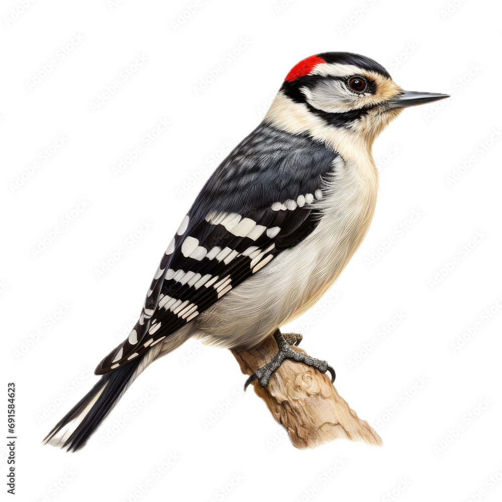 Obraz premium a Downy woodpecker male sitting on a branch in a side view, PNG, Backyard bird-themed, isolated, and transparent photorealistic illustration. Generative ai