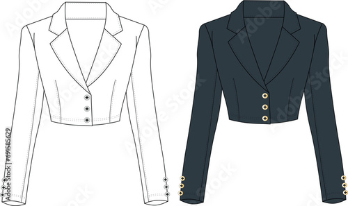 Women's Cropped Blazer Jacket. Jacket technical fashion illustration. Flat apparel jacket template. Women's CAD mock-up. Women's Crop Jacket technical fashion illustration, button-up, double breasted 