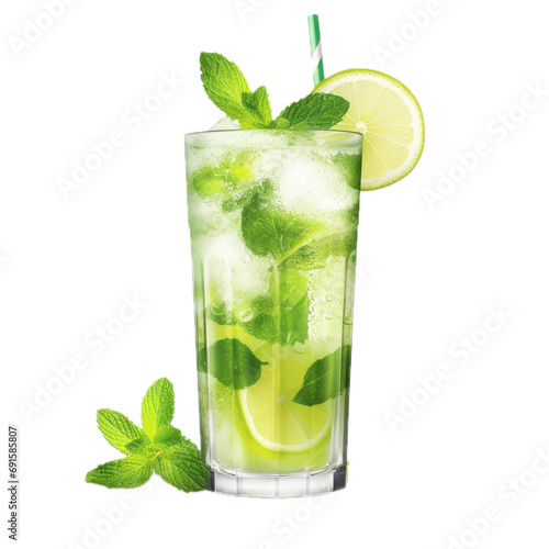 a Mojito with lime and mint leaves in a side view, isolated and transparent PNG in a drink-themed, photorealistic illustration. Generative ai