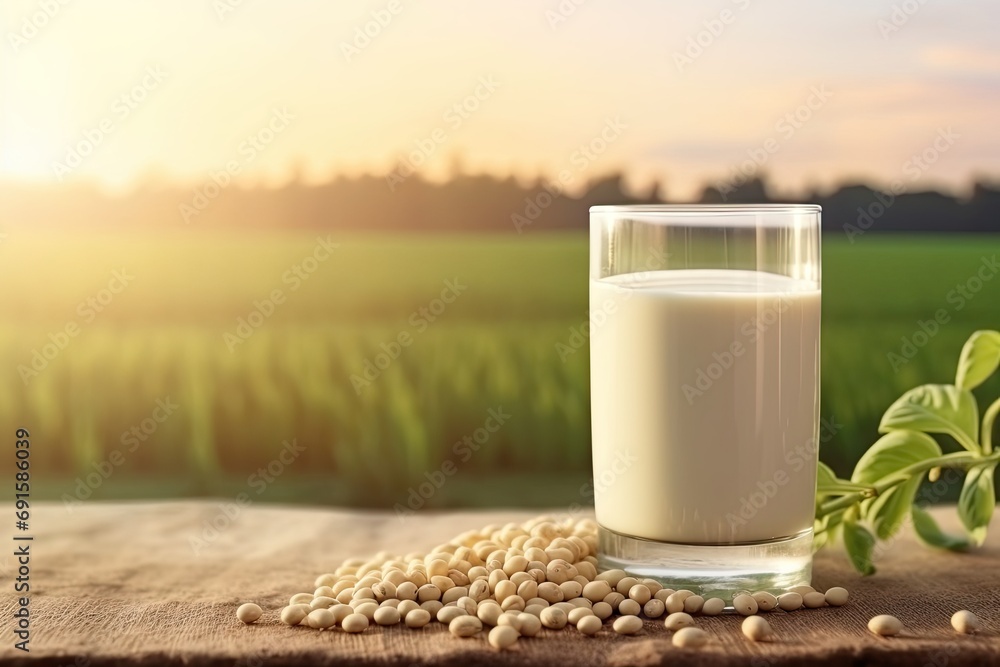 Soy milk in a glass on a table on a soybean field background. Soy milk in a glass on a table on a soybean field background.