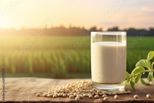 Soy milk in a glass on a table on a soybean field background.