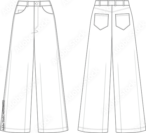 Women Flared Denim, Wide Leg Jeans, Jeans Front and Back View fashion illustration vector, CAD, technical drawing, flat drawing.