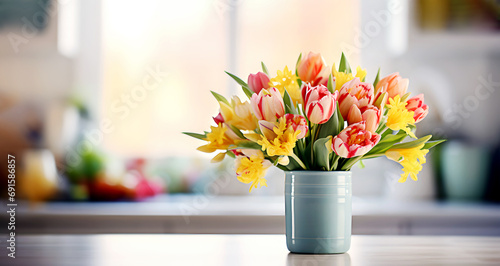 Bouquet of fresh colorful garden flowers like tulips and narcissus located in ceramic vase on table at home in spring day photo