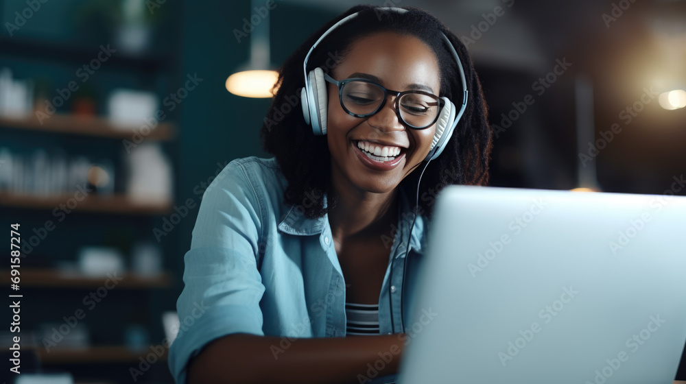 Woman in a casual outfit works on a laptop in her office Woman in a casual outfit works on a laptop in her office