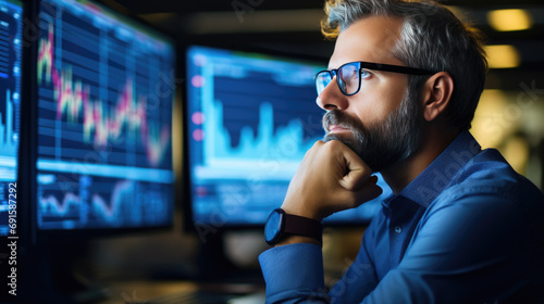 Focused man with a beard and glasses, studying stock market data on multiple computer monitors, reflecting a serious and professional trading environment.