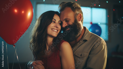 Couple is closely embracing and smiling at each other amidst a festive background