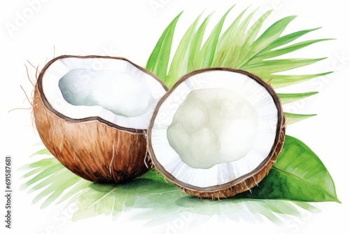 Watercolor illustration of a half of coconut and green leaves isolated on white background. AI generative