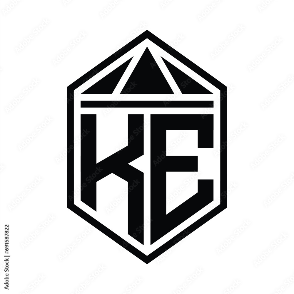 KE Letter Logo monogram simple hexagon shield shape with triangle crown isolated style design KE Letter Logo monogram simple hexagon shield shape with triangle crown isolated style design
