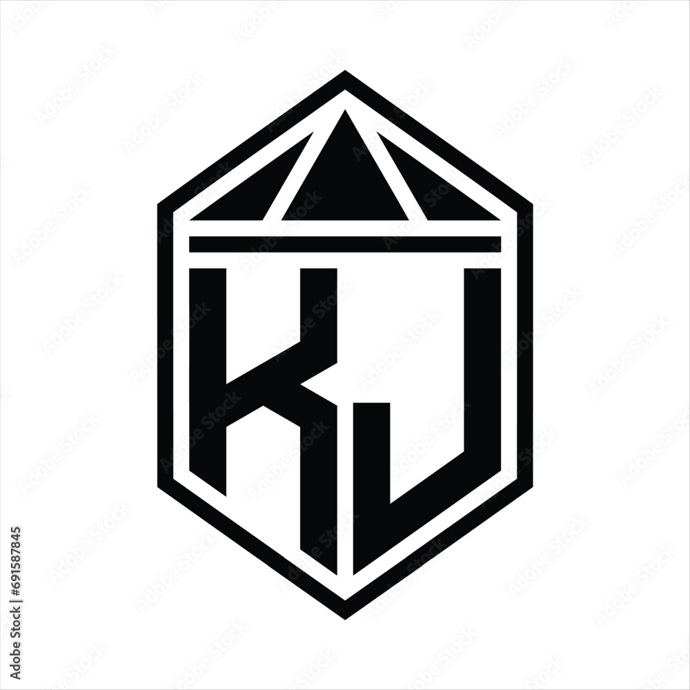 KJ Letter Logo monogram simple hexagon shield shape with triangle crown isolated style design KJ Letter Logo monogram simple hexagon shield shape with triangle crown isolated style design