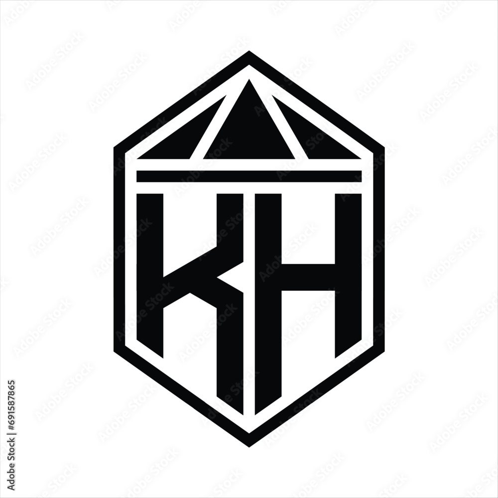 KH Letter Logo monogram simple hexagon shield shape with triangle crown isolated style design KH Letter Logo monogram simple hexagon shield shape with triangle crown isolated style design