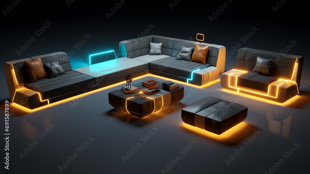 Couch with led lights in several different style AI Generated pictures