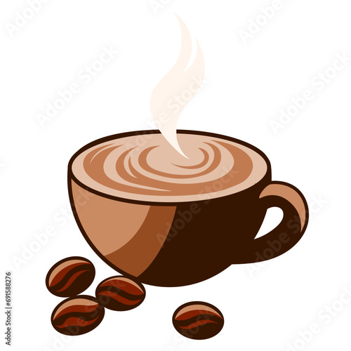 hot coffee in mug with coffee beans