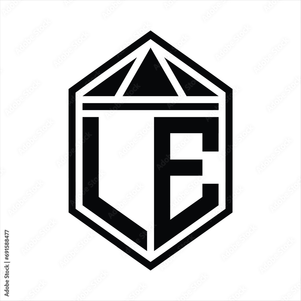 LE Letter Logo monogram simple hexagon shield shape with triangle crown isolated style design LE Letter Logo monogram simple hexagon shield shape with triangle crown isolated style design