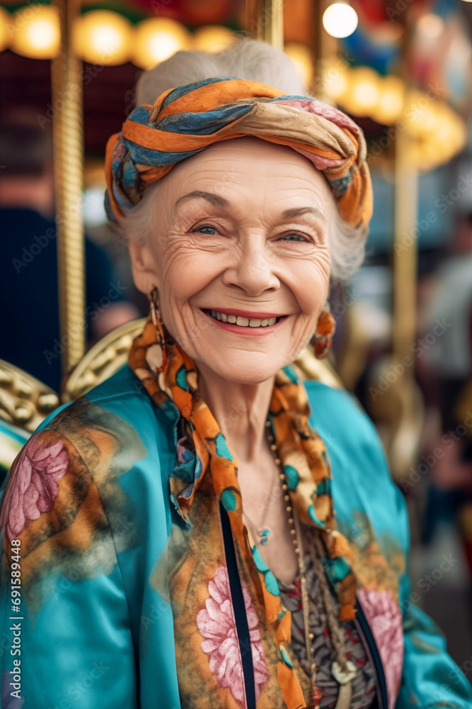 Obraz premium Senior woman on a carousel. Generative AI