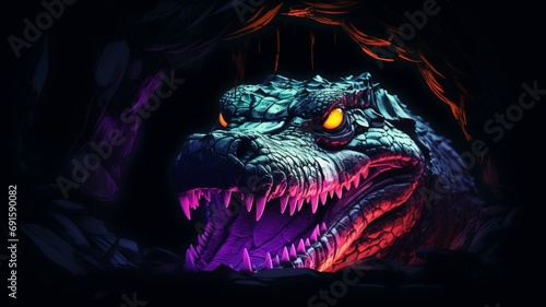 Crocodile Neon light animal sitting cave pictures AI Generated Art