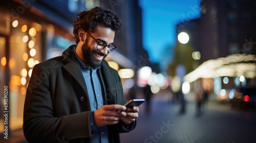 Man uses a cell phone on a city street at night