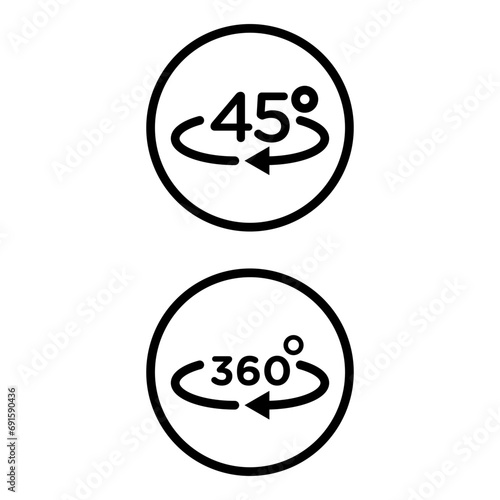 Angle 45 to 360 degrees icon. mathematical measurement of round 45 or 360 degree of rotation angle protector symbol. radian swivel rotate 45 to 360 degree angle vector concept. turn angle rotation 