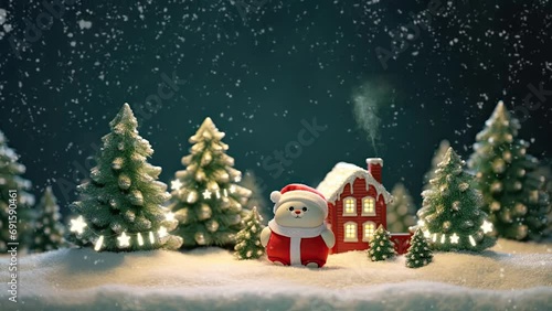 Animated Christmas concept decorations with a snowbear surrounded by snowfall. Cartoon style. seamless looping time lapse video 4k animation background. photo