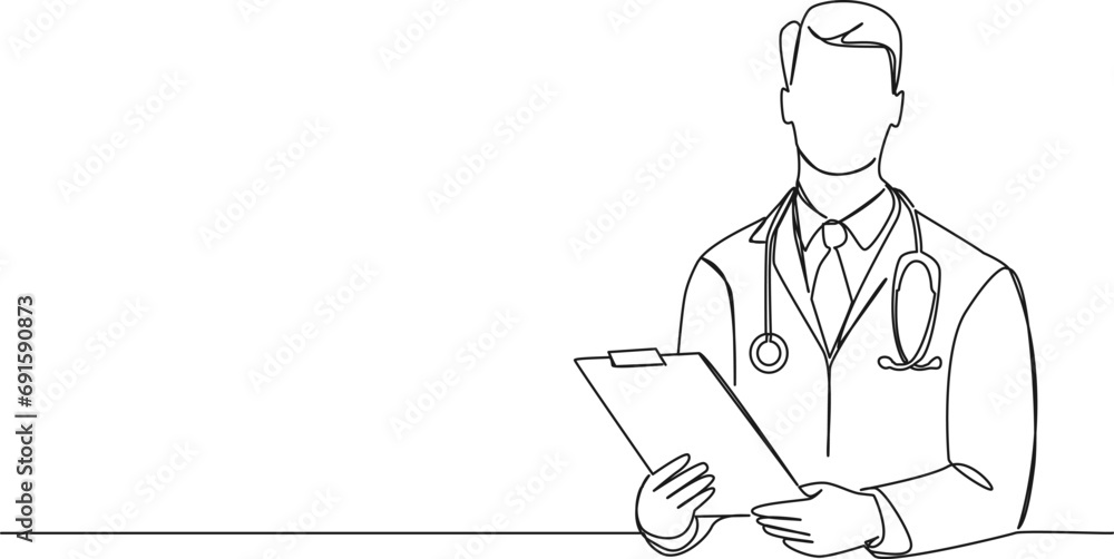 continuous single line drawing of physician with stethoscope and clipboard, line art vector illustration