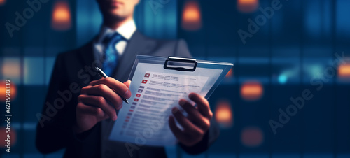 Digital businessman holding virtual checklist photo