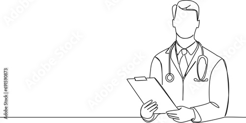 continuous single line drawing of physician with stethoscope and clipboard, line art vector illustration