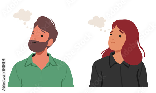 Man and Woman With Contemplative Expression, Brows Slightly Furrowed, Deep In Thought, Vector Illustration