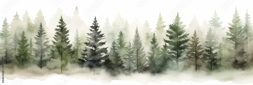 Watercolor illustration of a foggy spruce forest isolated on white background. AI generative