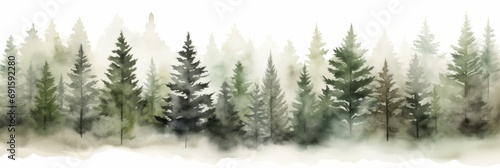 Watercolor illustration of a foggy spruce forest isolated on white background. AI generative
