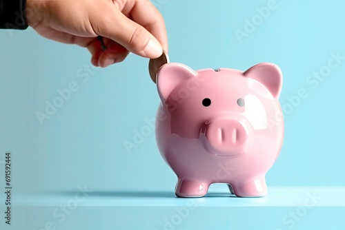 a Pink piggy bank, with a hand putting in money on a light blue background, with space for copy in a money-saving-themed, horizontal format of photorealistic illustration in JPG. Generative ai