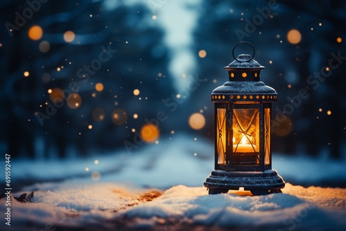 Burning Glowing lantern in winter snow Beautiful winter background