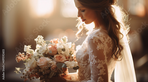 bride's bouquet, with the wedding dress flowing in the background, warm, comforting tones photo