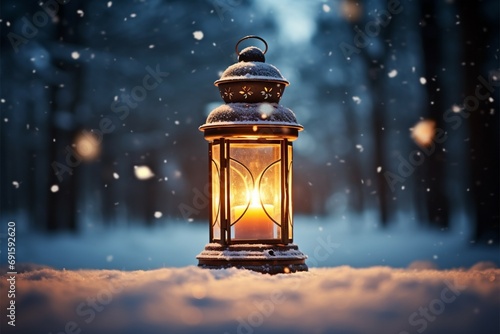 Burning Glowing lantern in winter snow Beautiful winter background © Jawed Gfx