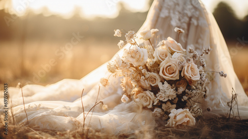 bride's bouquet, with the wedding dress flowing in the background, warm, comforting tones photo