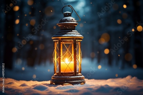 Burning Glowing lantern in winter snow Beautiful winter background