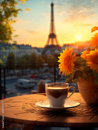 Cup of coffee with sunflowers and Eiffel tower in Paris  France
