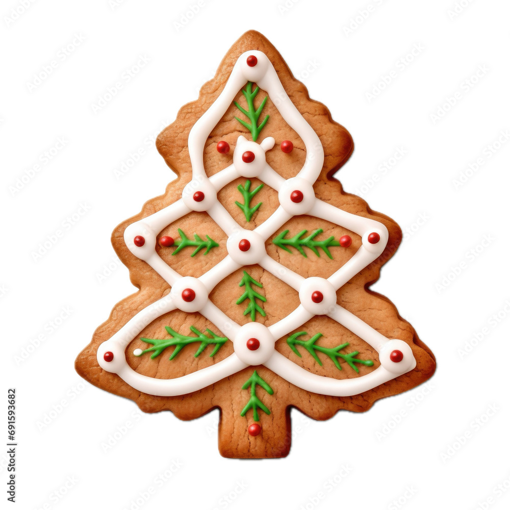 a Christmas tree sugar cookie with white decorative frosting, top view, isolated, and transparent PNG in a holiday baking-themed, photorealistic illustration. Generative ai