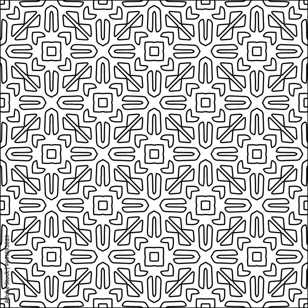 Figures from lines.Black pattern on white wallpaper for web page, textures, card, poster, fabric, textile. Abstract background.Repeating background image.White texture. Lines form shapes. Figures from lines.Black pattern on white wallpaper for web page, textures, card, poster, fabric, textile. Abstract background.Repeating background image.White texture. Lines form shapes.