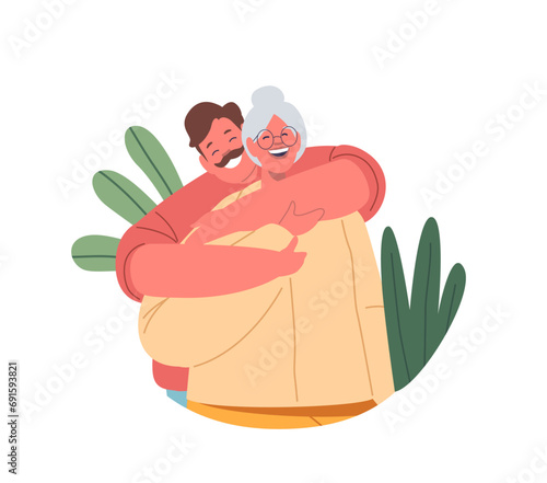 Loving Man Embraces His Elderly Mother, Heartfelt Moment, Characters Connection Evident In Warmth Of Their Hug