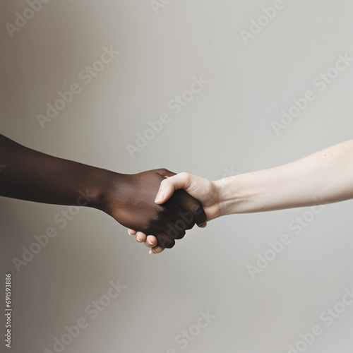 Couple with black and caucasian hands holding each other wrist in tolerance unity love and anti-racism concept
