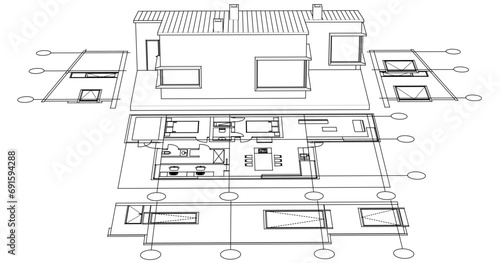 house architectural project sketch 3d illustration