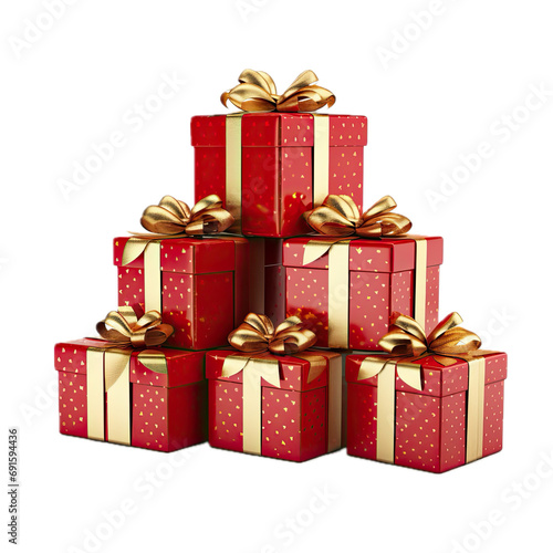 a stack of presents, wrapped in red with gold bows and ribbons, in a side view, isolated and transparent PNG in a Gift-themed, photorealistic illustration. Generative ai