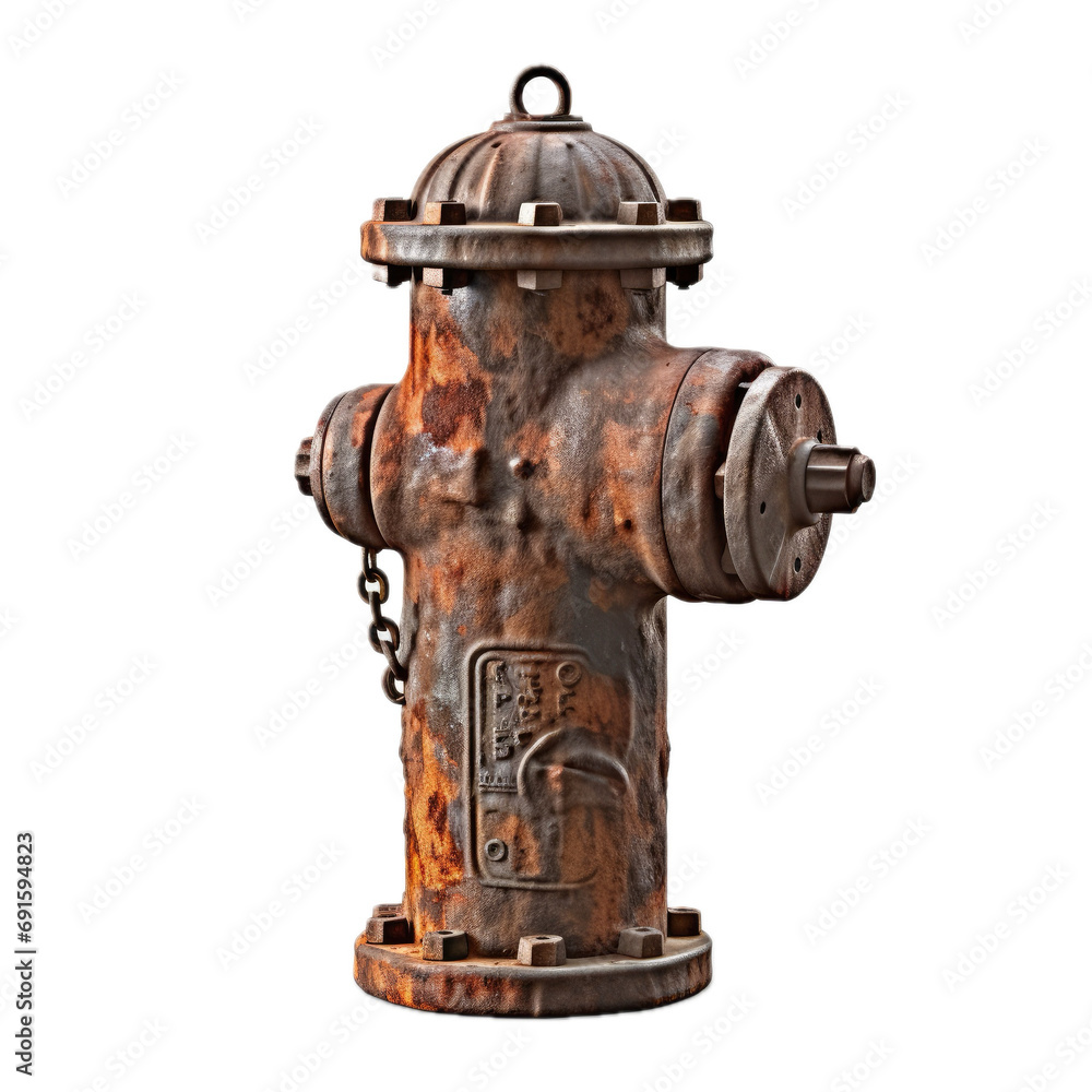a rusty Fire Hydrant, side view in a PNG, Firefighter-themed, isolated, and transparent photorealistic illustration. Generative ai a rusty Fire Hydrant, side view in a PNG, Firefighter-themed, isolated, and transparent photorealistic illustration. Generative ai