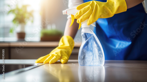 Person in yellow gloves cleaning a kitchen countertop with a spray bottle, suggesting domestic cleaning and hygiene. photo